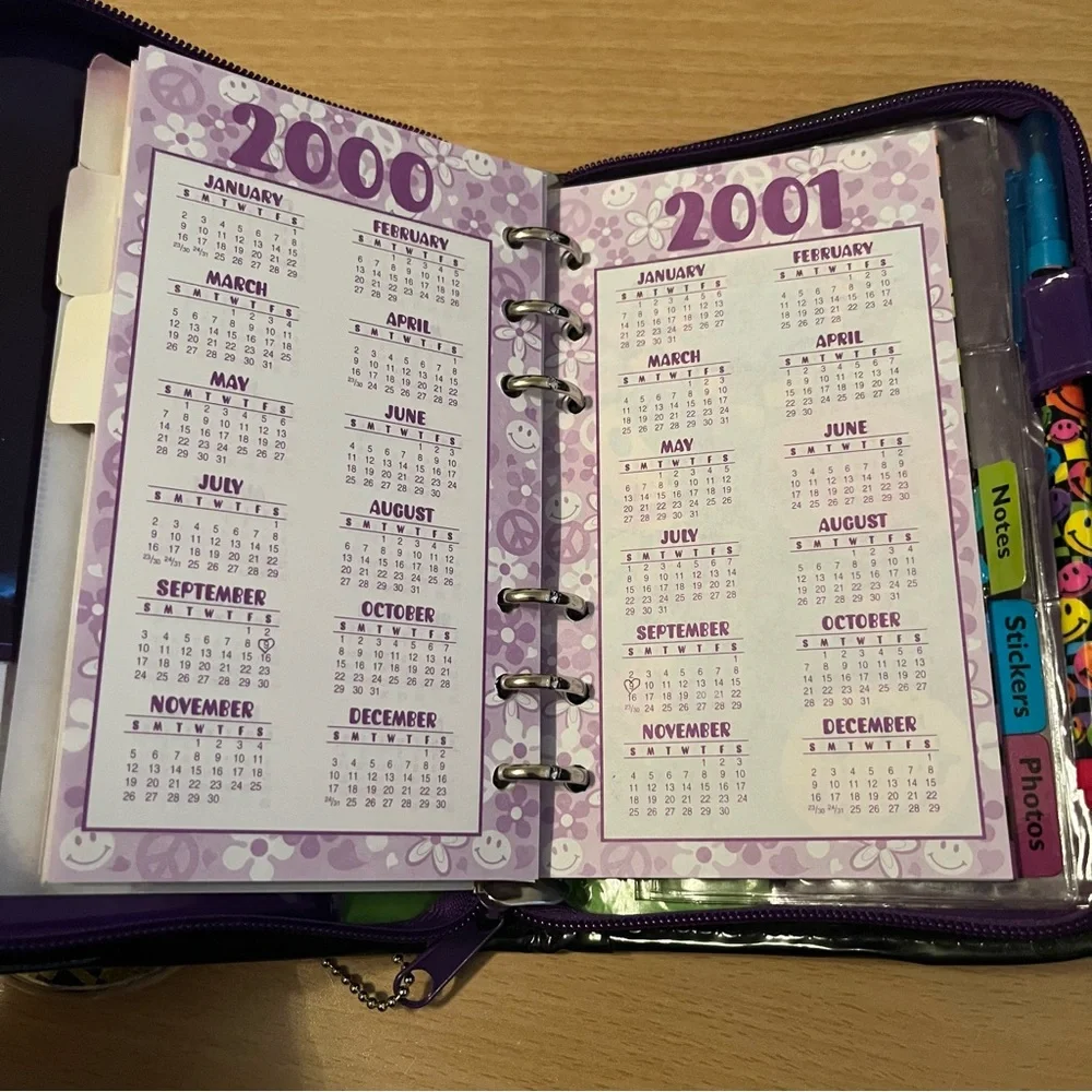 Vintage Y2K Lisa Frank Rainbow Smiley Face Zip Planner Agenda Stickers Pouch Pen
